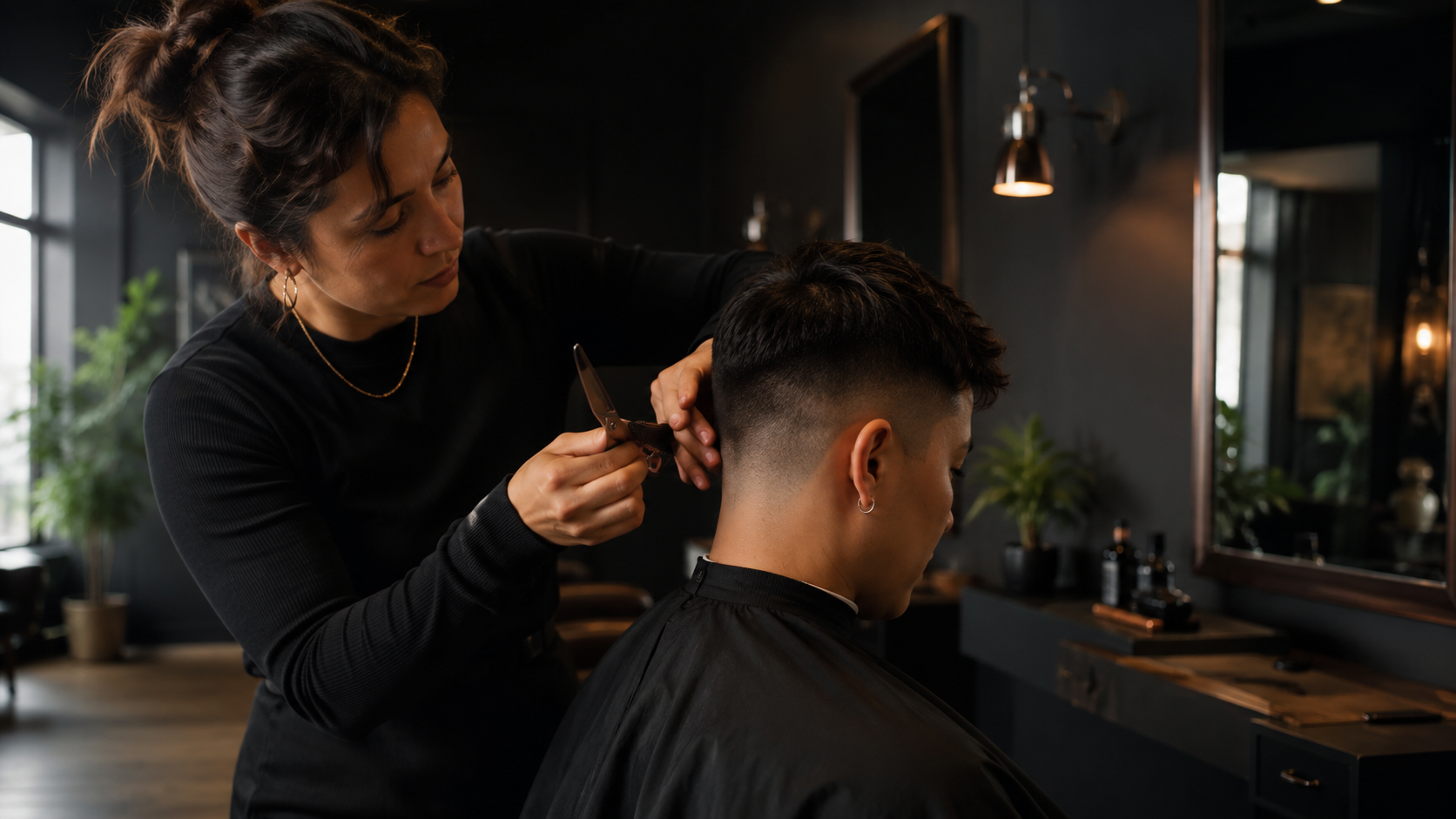 Estilista dando forma a un corte en un ambiente oscuro y cálido